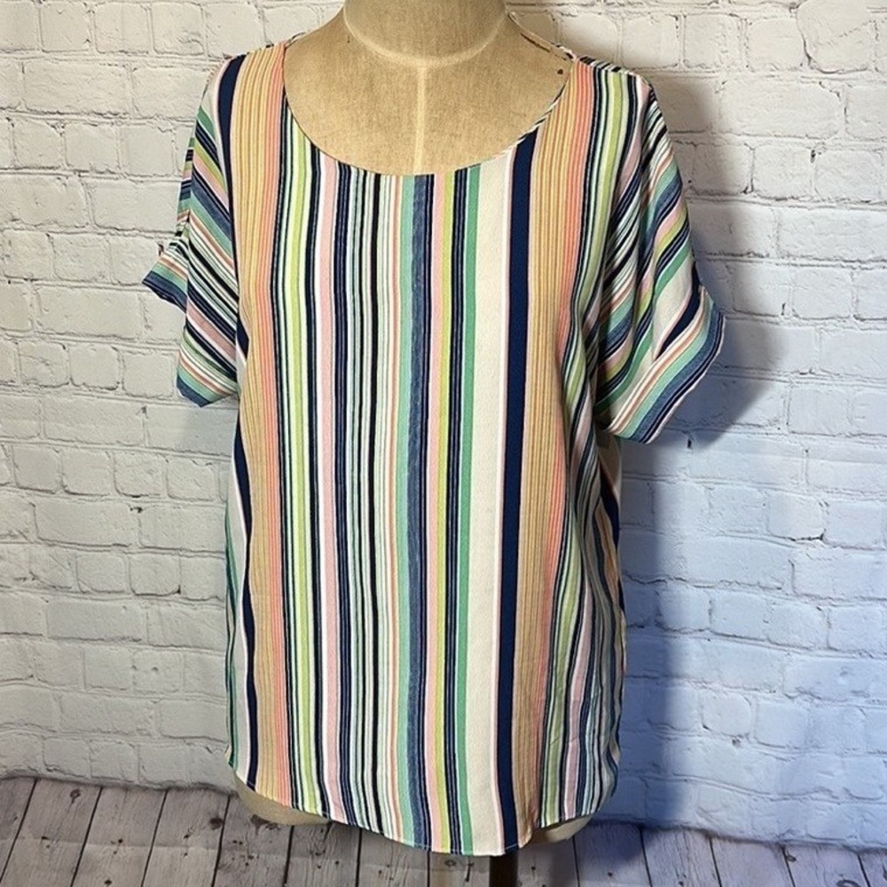 Mello Day Rainbow Striped Short Sleeve Back Zip Blouse Medium